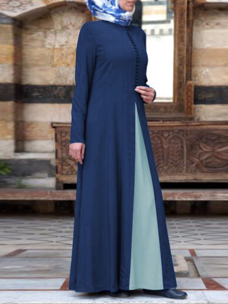 Vestido Largo Musulmán De Manga Larga Con Botones Bohemios Con Costura De Color En Contraste Para Mujer Abaya Kaftan