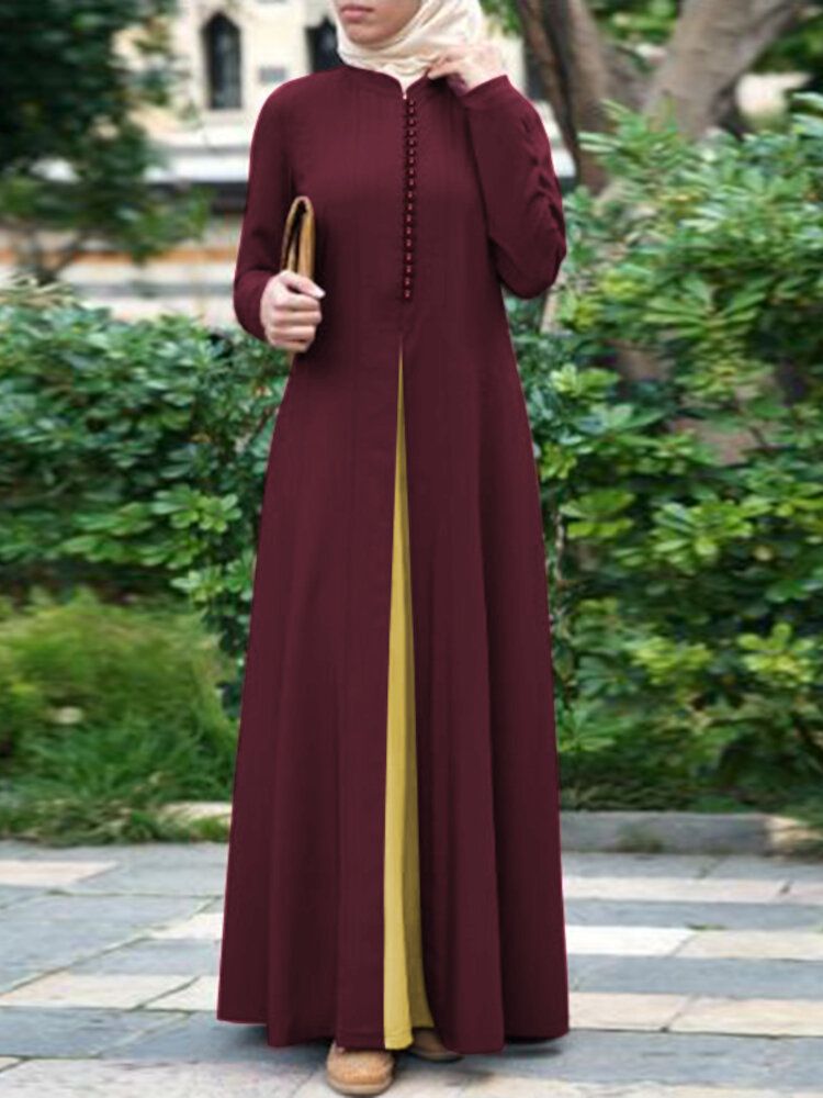 Vestido Largo Musulmán De Manga Larga Con Botones Bohemios Con Costura De Color En Contraste Para Mujer Abaya Kaftan