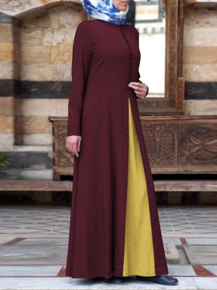 Vestido Largo Musulmán De Manga Larga Con Botones Bohemios Con Costura De Color En Contraste Para Mujer Abaya Kaftan