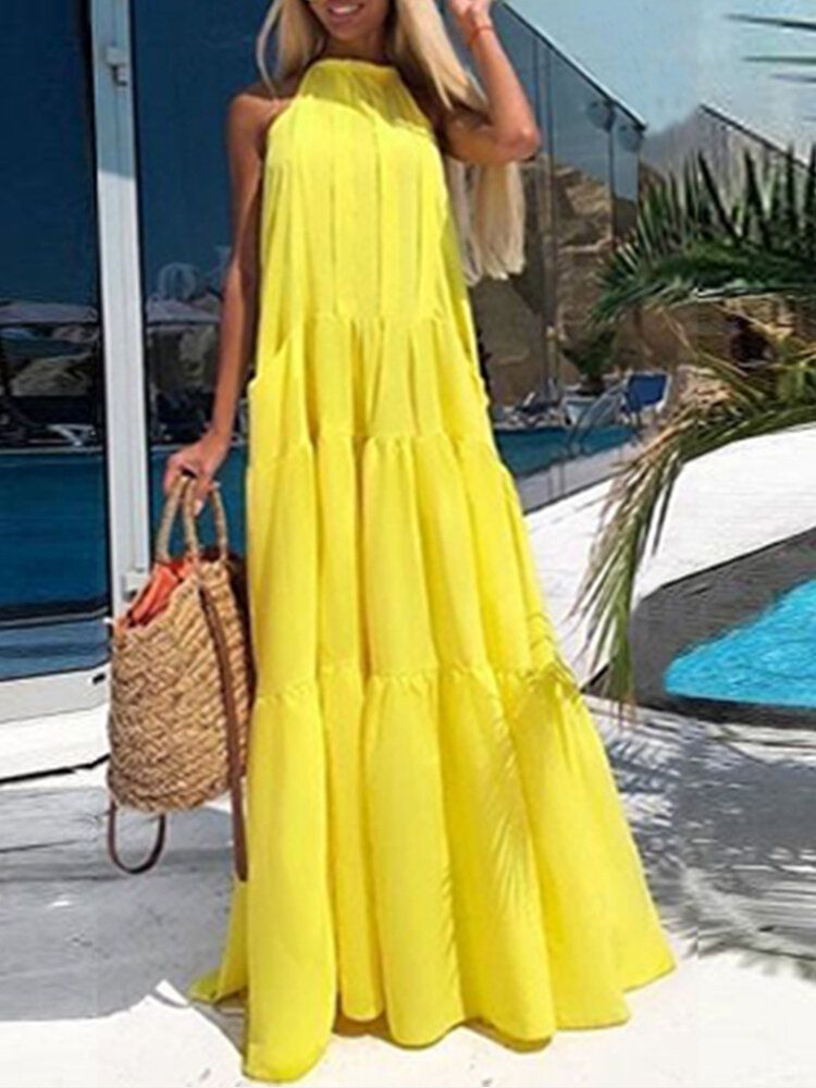 Vestido Largo Plisado Amarillo Sin Mangas Con Cuello Redondo Y Color Sólido Para Mujer Con Bolsillo