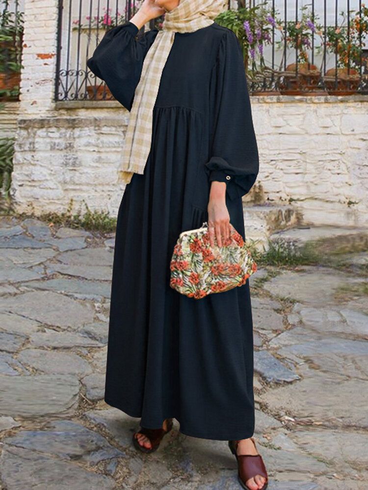 Vestido Largo Plisado Con Cuello Calado Abaya Kaftan Con Manga Abullonada Sólida Retro Para Mujer