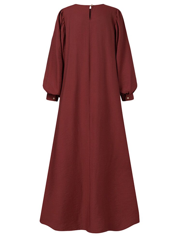 Vestido Largo Plisado Con Cuello Calado Abaya Kaftan Con Manga Abullonada Sólida Retro Para Mujer