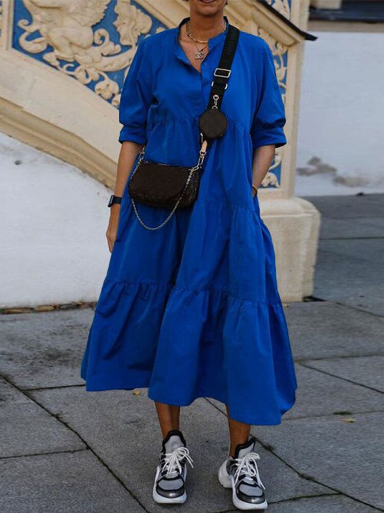 Vestido Largo Plisado De Manga Larga Con Cuello Vuelto De Color Puro