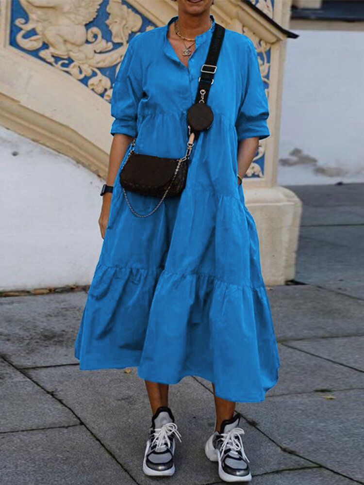 Vestido Largo Plisado De Manga Larga Con Cuello Vuelto De Color Puro