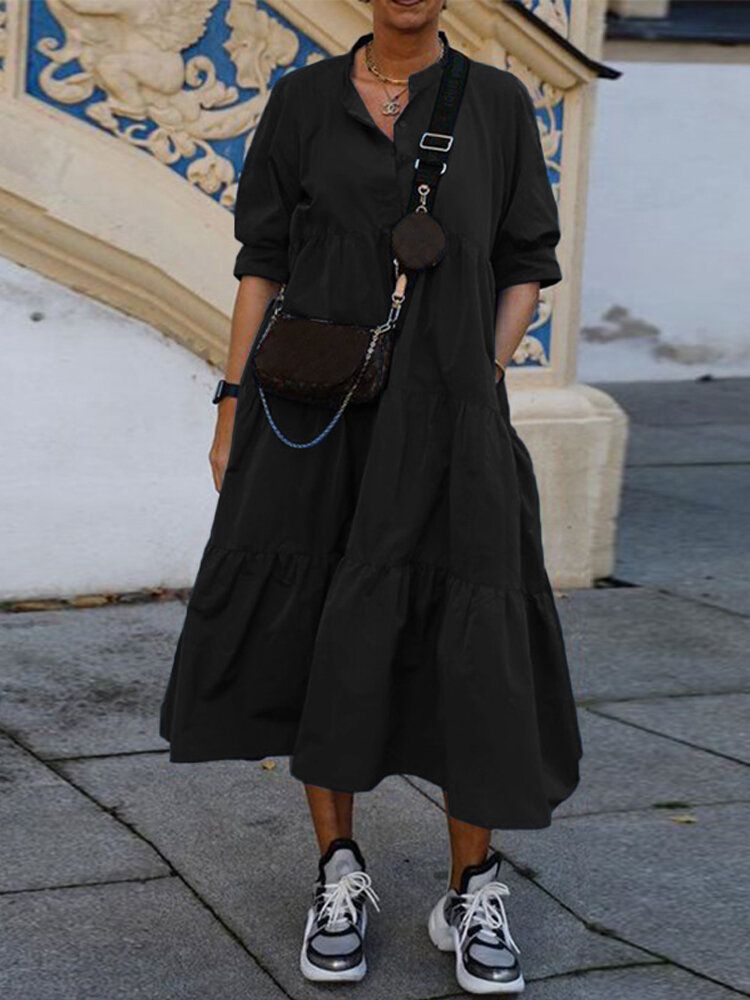 Vestido Largo Plisado De Manga Larga Con Cuello Vuelto De Color Puro