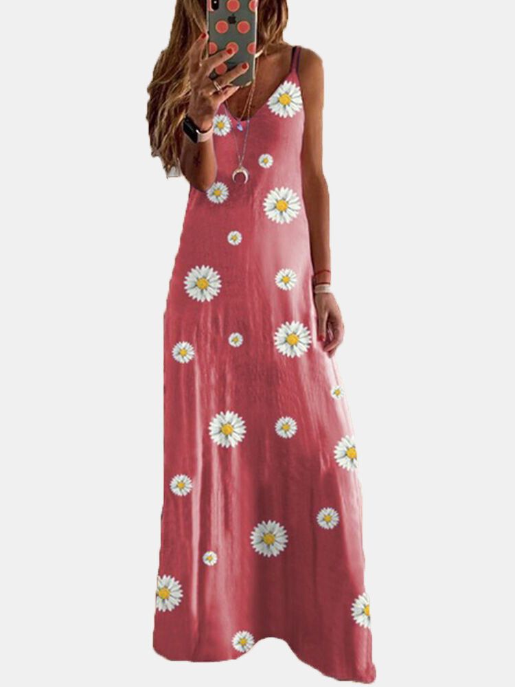 Vestido Largo Sin Mangas Con Estampado De Margaritas De Verano Para Mujer