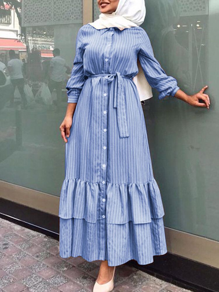 Vestido Largo Suelto Casual De Manga Larga Con Solapa Y Botones Con Cordones Y Estampado A Rayas Para Mujer