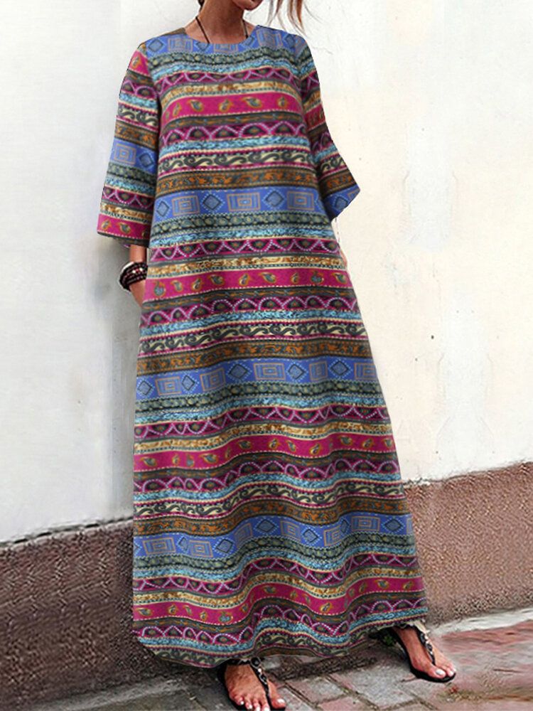 Vestido Largo Suelto Con Estampado Bohemio De Estilo Étnico Vintage Con Bolsillos