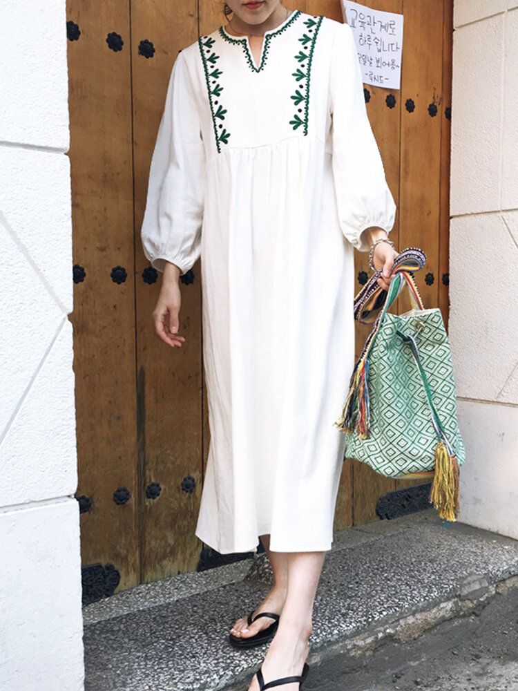 Vestido Largo Suelto Con Manga Abullonada Y Cuello En V Bordado De Algodón Para Mujer