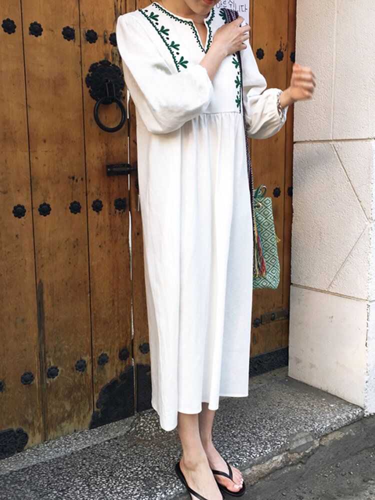 Vestido Largo Suelto Con Manga Abullonada Y Cuello En V Bordado De Algodón Para Mujer