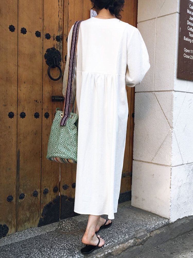 Vestido Largo Suelto Con Manga Abullonada Y Cuello En V Bordado De Algodón Para Mujer