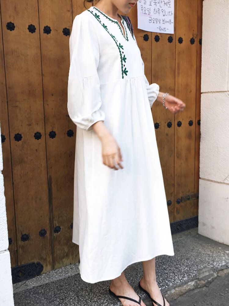 Vestido Largo Suelto Con Manga Abullonada Y Cuello En V Bordado De Algodón Para Mujer