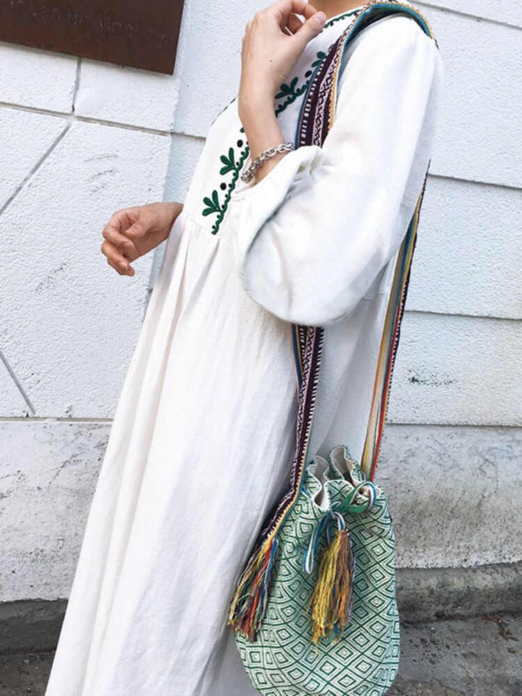 Vestido Largo Suelto Con Manga Abullonada Y Cuello En V Bordado De Algodón Para Mujer