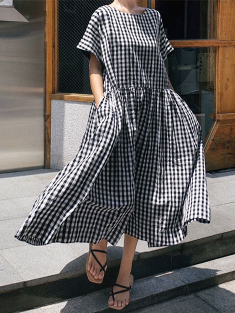 Vestido Largo Suelto De Manga Corta Con Estampado De Cuadros Casuales De Verano Con Bolsillos Laterales