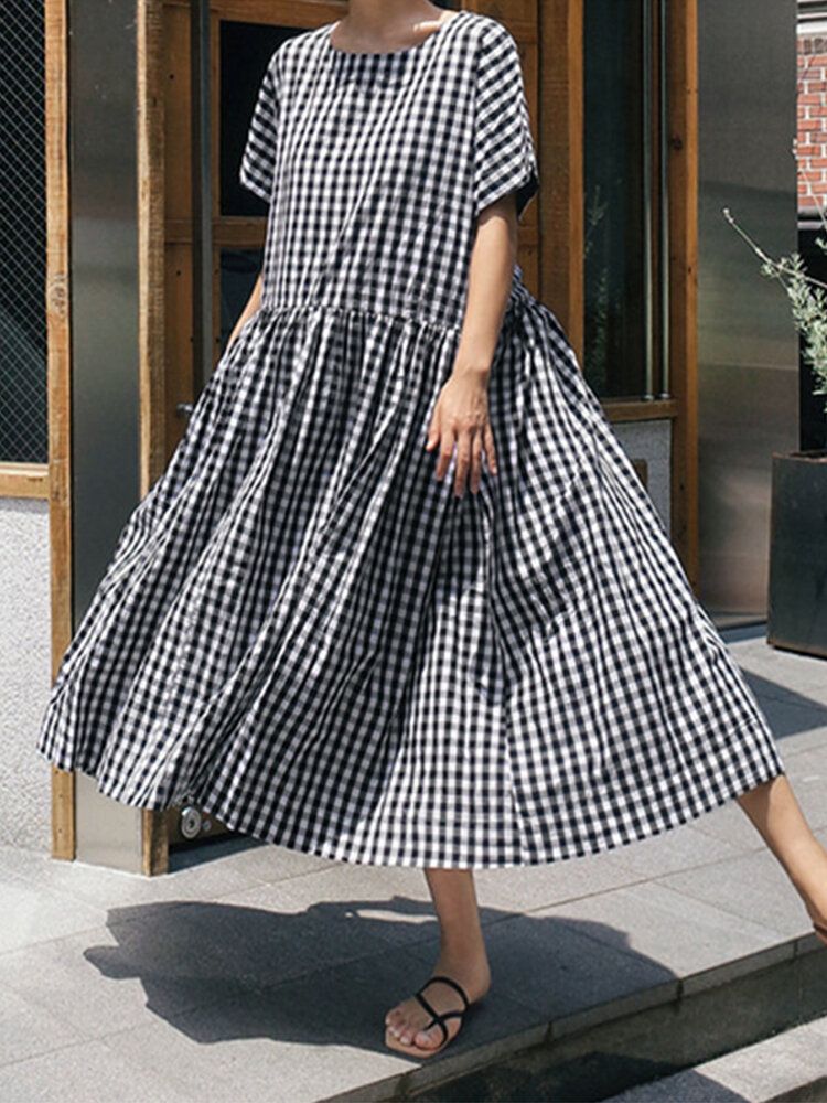 Vestido Largo Suelto De Manga Corta Con Estampado De Cuadros Casuales De Verano Con Bolsillos Laterales