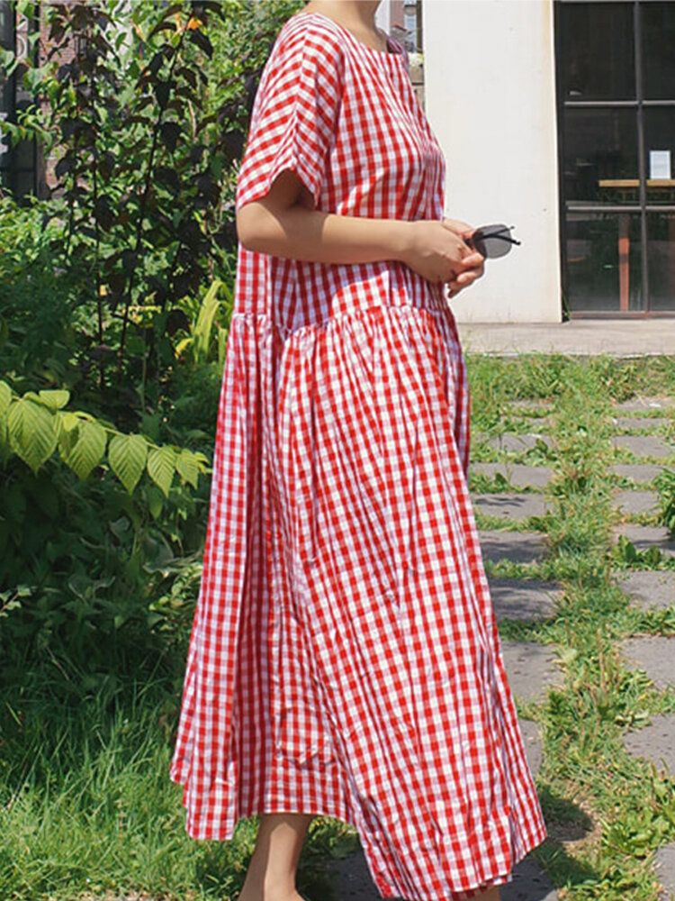 Vestido Largo Suelto De Manga Corta Con Estampado De Cuadros Casuales De Verano Con Bolsillos Laterales