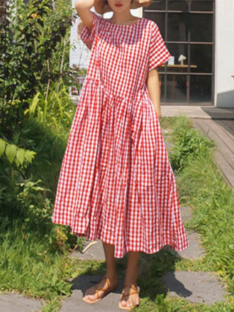 Vestido Largo Suelto De Manga Corta Con Estampado De Cuadros Casuales De Verano Con Bolsillos Laterales