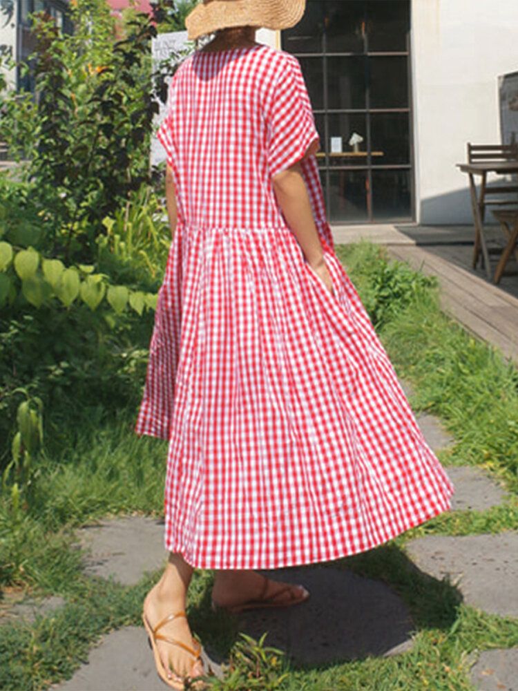 Vestido Largo Suelto De Manga Corta Con Estampado De Cuadros Casuales De Verano Con Bolsillos Laterales