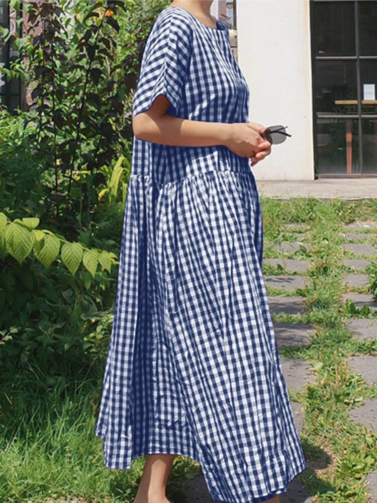 Vestido Largo Suelto De Manga Corta Con Estampado De Cuadros Casuales De Verano Con Bolsillos Laterales