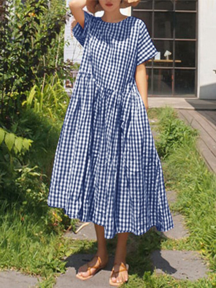 Vestido Largo Suelto De Manga Corta Con Estampado De Cuadros Casuales De Verano Con Bolsillos Laterales