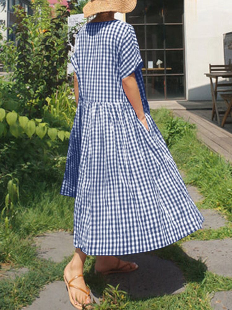 Vestido Largo Suelto De Manga Corta Con Estampado De Cuadros Casuales De Verano Con Bolsillos Laterales