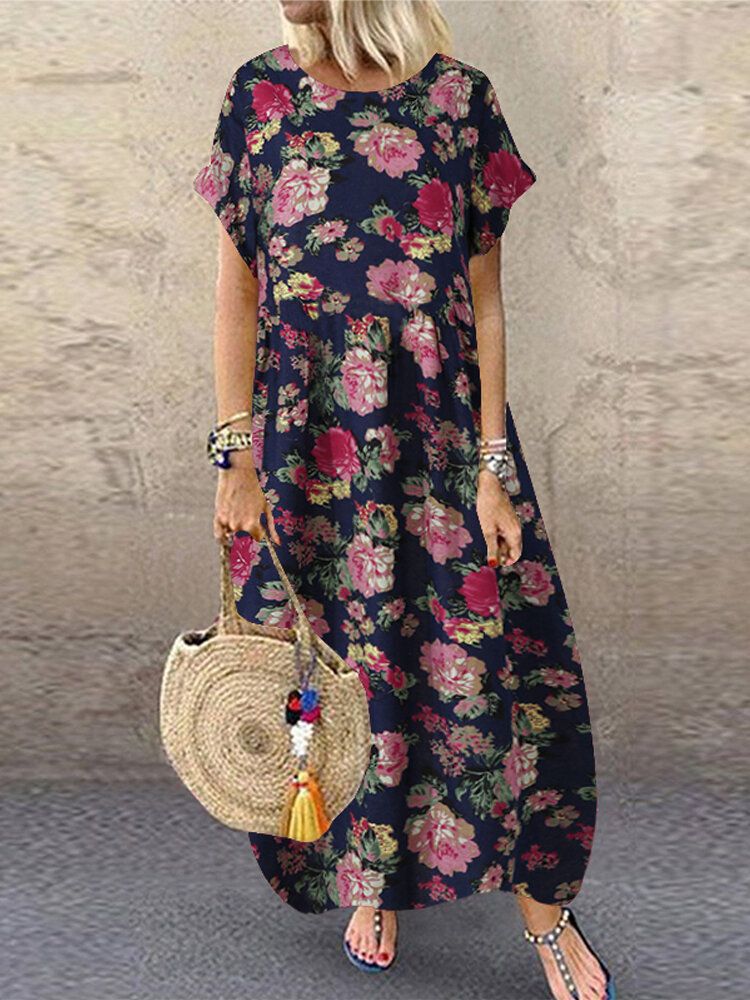 Vestido Largo Suelto De Manga Corta Vintage Con Estampado De Flores De Estilo Étnico Con Bolsillos