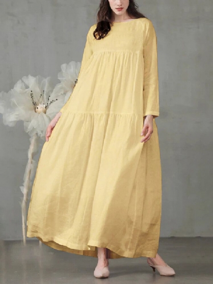 Vestido Largo Suelto De Manga Larga Amarillo Mostaza Casual