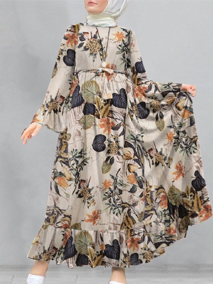 Vestido Largo De Túnica Suelta Kaftan Con Manga Acampanada Y Estampado Floral De Algodón Para Mujer