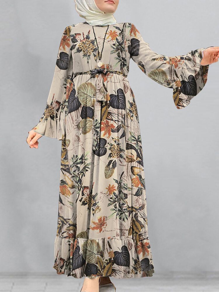 Vestido Largo De Túnica Suelta Kaftan Con Manga Acampanada Y Estampado Floral De Algodón Para Mujer