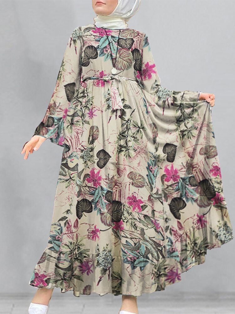 Vestido Largo De Túnica Suelta Kaftan Con Manga Acampanada Y Estampado Floral De Algodón Para Mujer