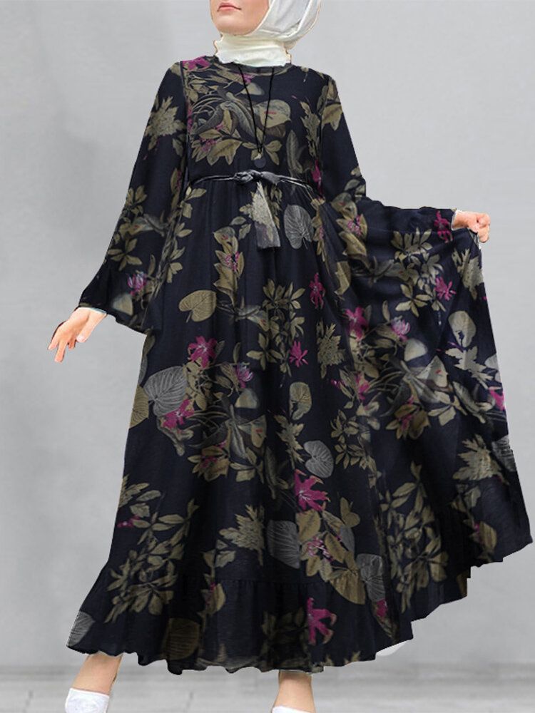 Vestido Largo De Túnica Suelta Kaftan Con Manga Acampanada Y Estampado Floral De Algodón Para Mujer