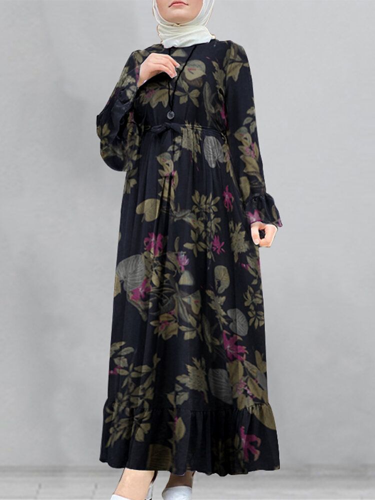 Vestido Largo De Túnica Suelta Kaftan Con Manga Acampanada Y Estampado Floral De Algodón Para Mujer