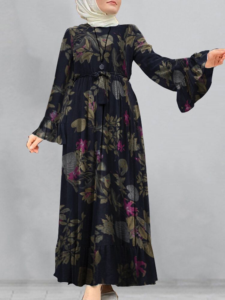 Vestido Largo De Túnica Suelta Kaftan Con Manga Acampanada Y Estampado Floral De Algodón Para Mujer