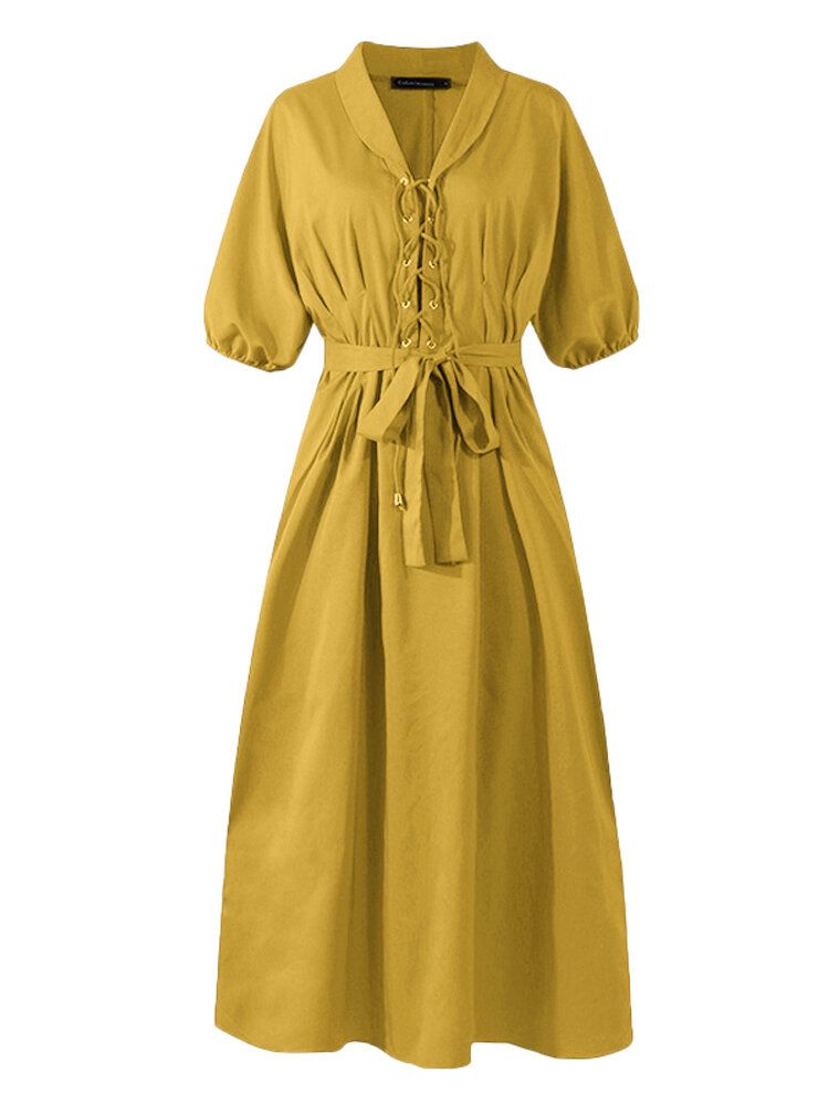 Vestido Maxi Amarillo Mostaza Con Mangas De Linterna Y Solapa Informal Para Mujer