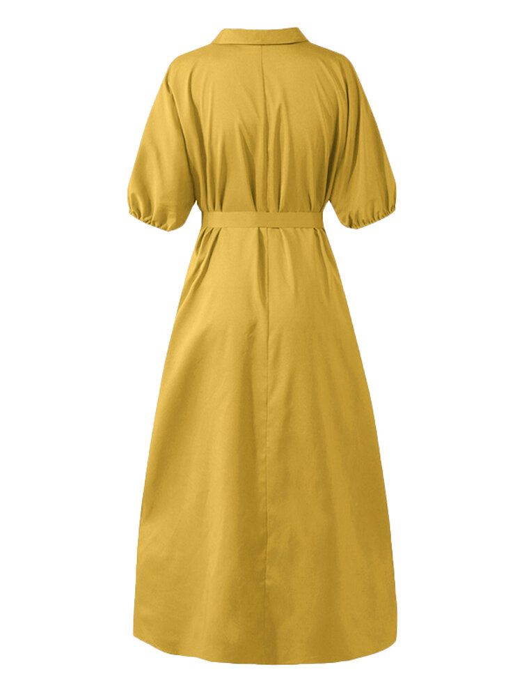 Vestido Maxi Amarillo Mostaza Con Mangas De Linterna Y Solapa Informal Para Mujer