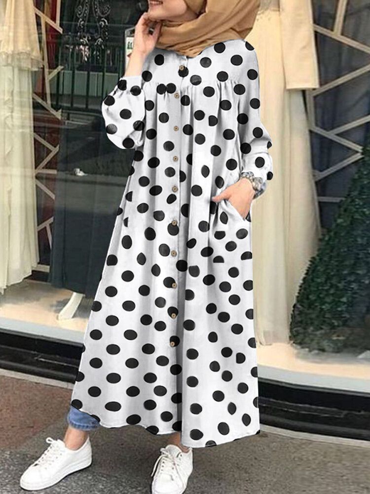 Vestido Maxi De Bata Suelta Con Botones Y Bolsillos Laterales Estampados Con Lunares Para Mujer