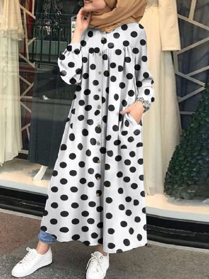 Vestido Maxi De Bata Suelta Con Botones Y Bolsillos Laterales Estampados Con Lunares Para Mujer