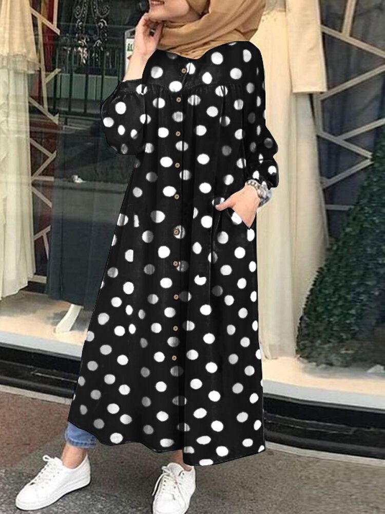 Vestido Maxi De Bata Suelta Con Botones Y Bolsillos Laterales Estampados Con Lunares Para Mujer