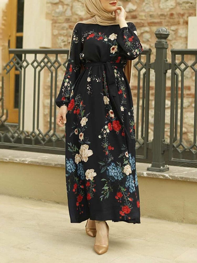 Vestido Maxi Bohemio De Caftán Con Mangas Abullonadas Y Estampado Floral Vintage Para Mujer