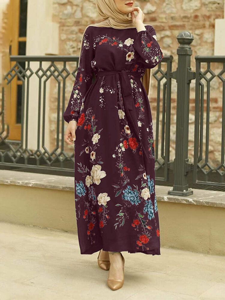 Vestido Maxi Bohemio De Caftán Con Mangas Abullonadas Y Estampado Floral Vintage Para Mujer