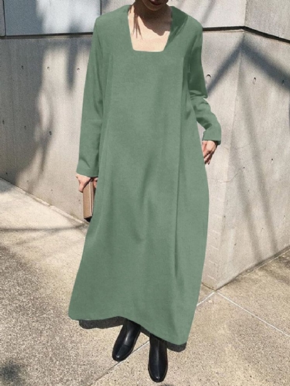 Vestido Maxi Bohemio De Manga Larga Con Cuello Cuadrado Sólido Para Mujer Con Bolsillo Lateral