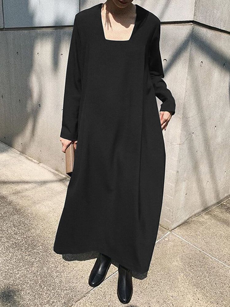 Vestido Maxi Bohemio De Manga Larga Con Cuello Cuadrado Sólido Para Mujer Con Bolsillo Lateral