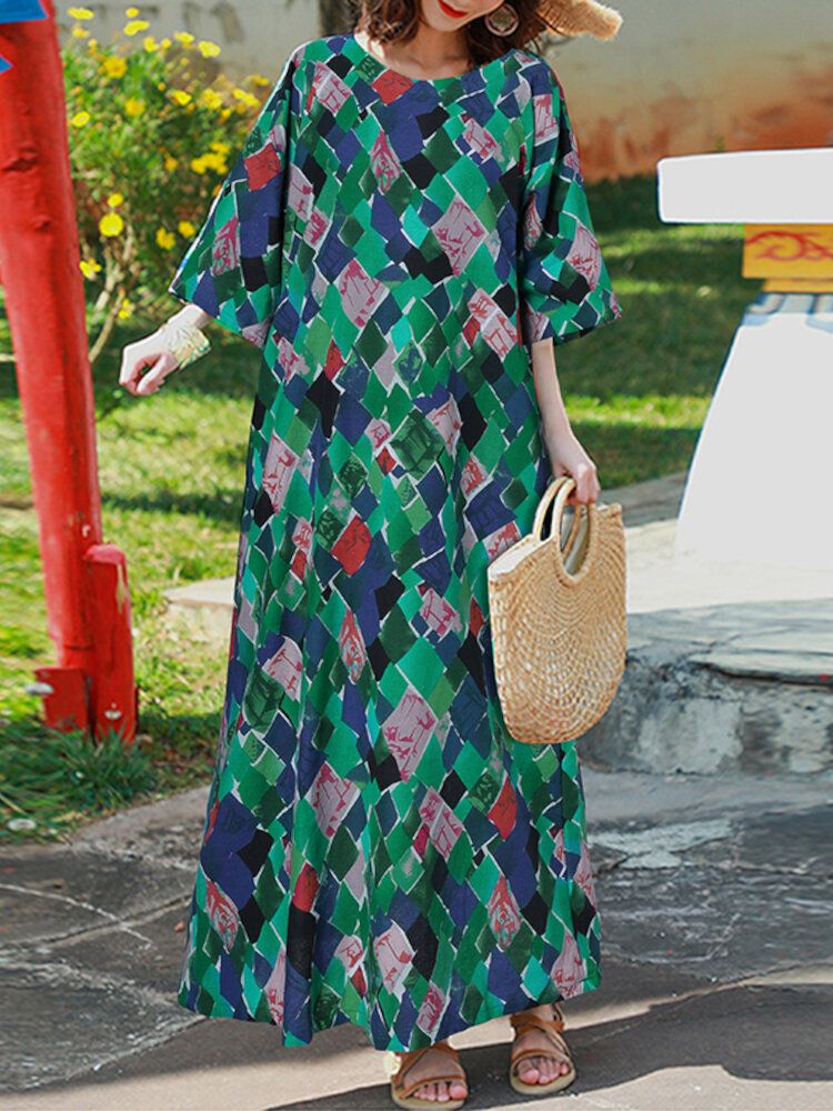 Vestido Maxi Bohemio De Media Manga Con Cuello Redondo Y Estampado Geométrico Vintage