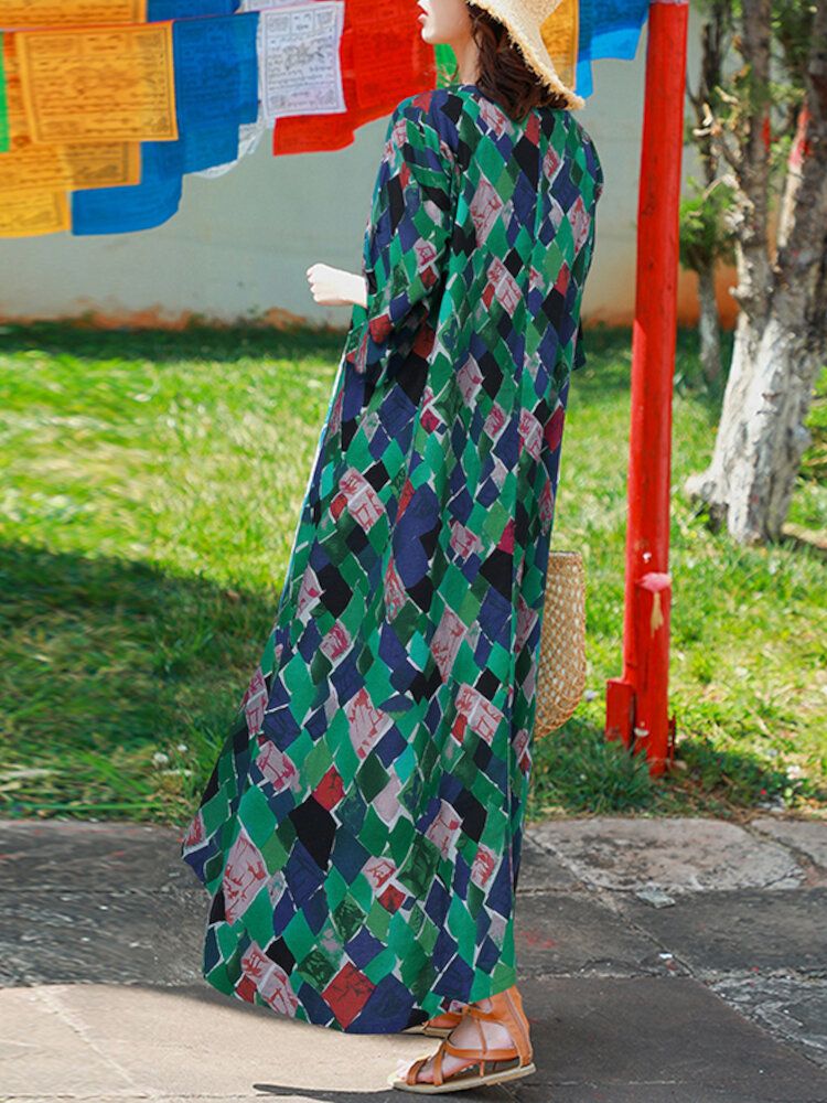 Vestido Maxi Bohemio De Media Manga Con Cuello Redondo Y Estampado Geométrico Vintage