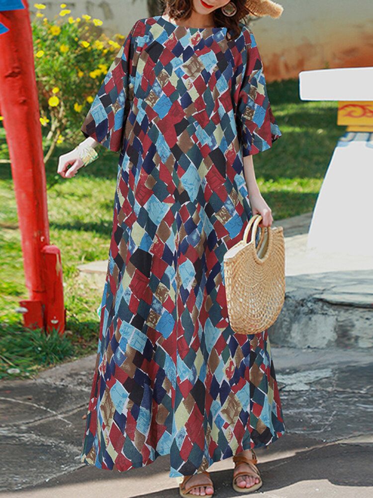 Vestido Maxi Bohemio De Media Manga Con Cuello Redondo Y Estampado Geométrico Vintage