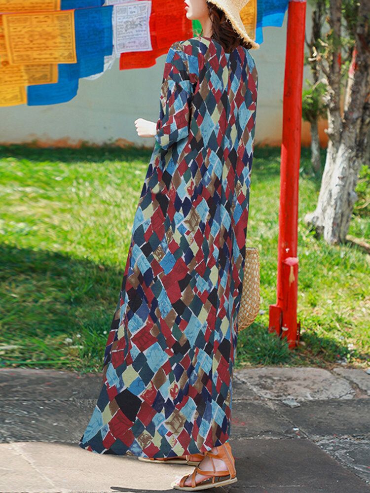 Vestido Maxi Bohemio De Media Manga Con Cuello Redondo Y Estampado Geométrico Vintage