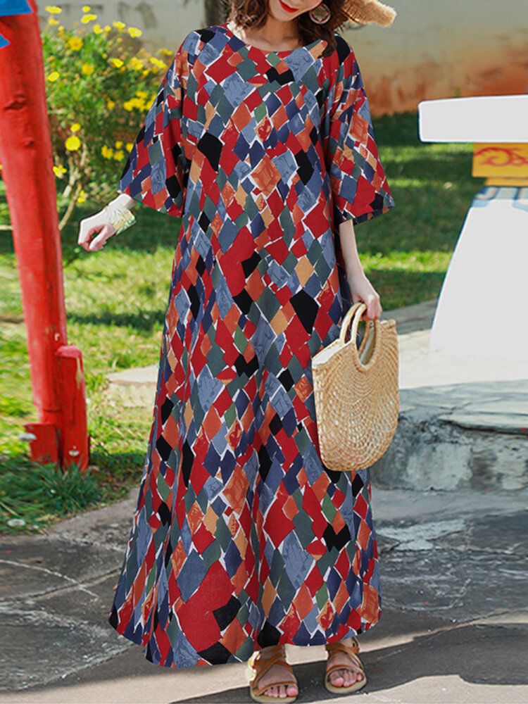 Vestido Maxi Bohemio De Media Manga Con Cuello Redondo Y Estampado Geométrico Vintage