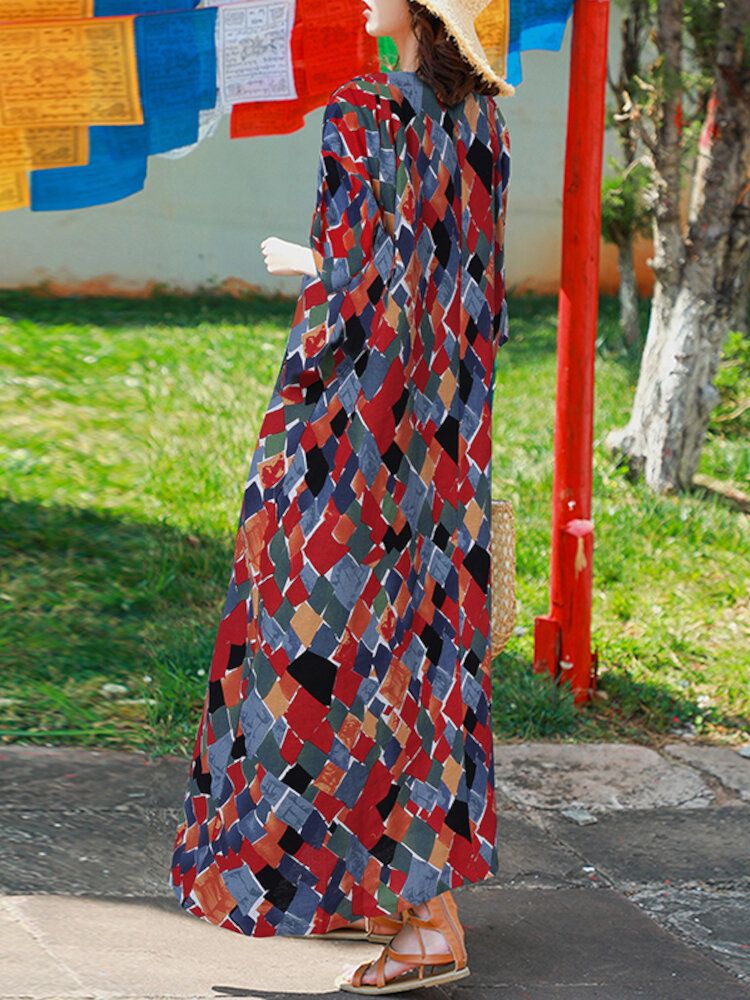 Vestido Maxi Bohemio De Media Manga Con Cuello Redondo Y Estampado Geométrico Vintage