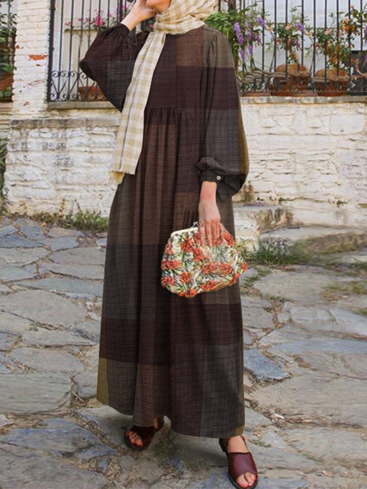 Vestido Maxi Caftán Con Manga Abullonada Y Cuello Redondo Con Estampado De Cuadrícula Retro Para Mujer