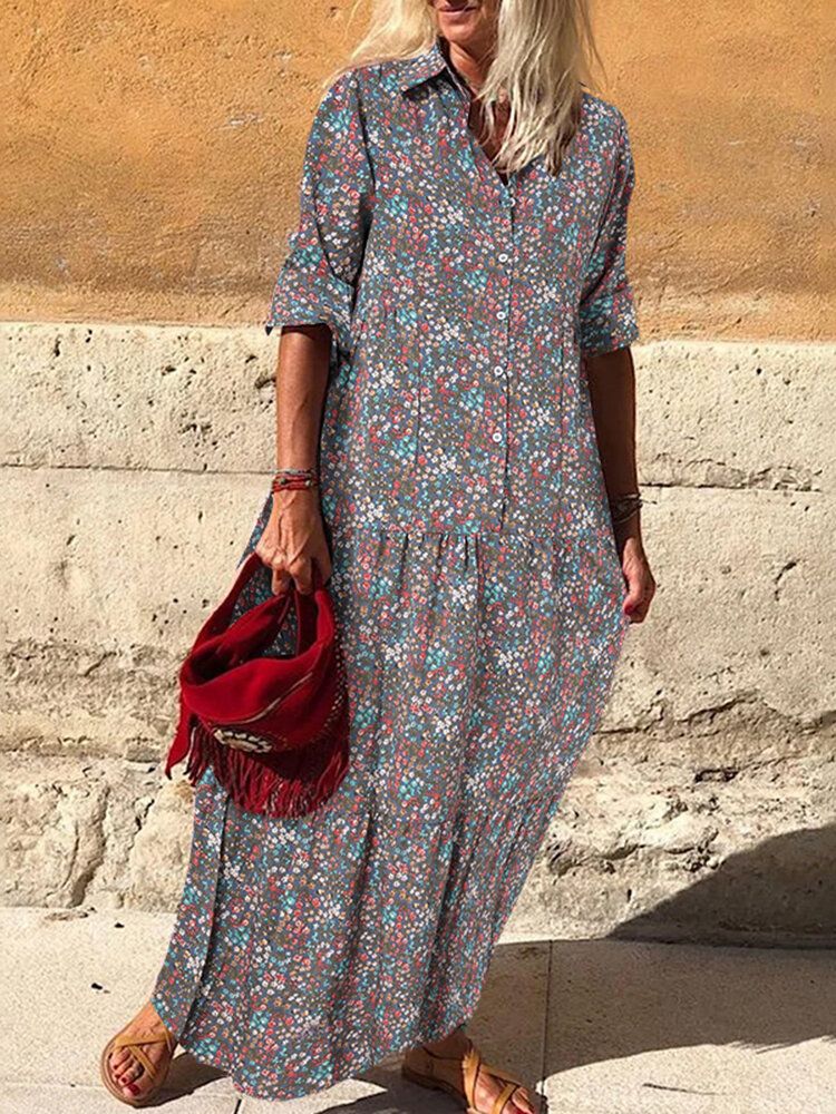 Vestido Maxi De Camisa Bohemia De Manga Larga Con Pliegues De Solapa Con Estampado Floral Vintage Para Mujer